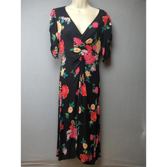 Old Navy Black Floral Babydoll/ Empire Dress M Asymmetrical Maxi Fairy Goth Ruch - Picture 1 of 9